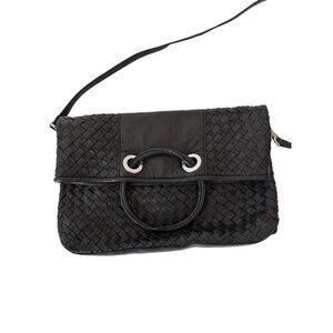 Sondra Roberts Black Woven Leather Purse With Detachable Strap & Silver Hardware